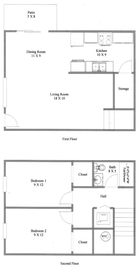 Floor plan for 2 beds, 1 bath, 880 sqft